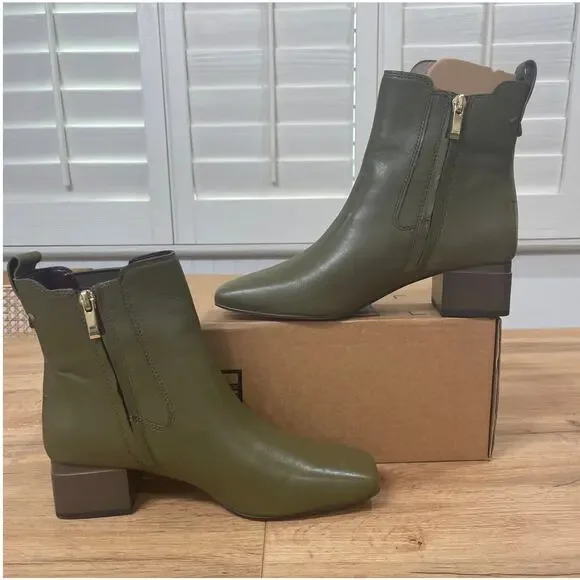 Franco Sarto Waxton Chelsea Boot Olive Green Leather Size 6.5 NIB Square Toe